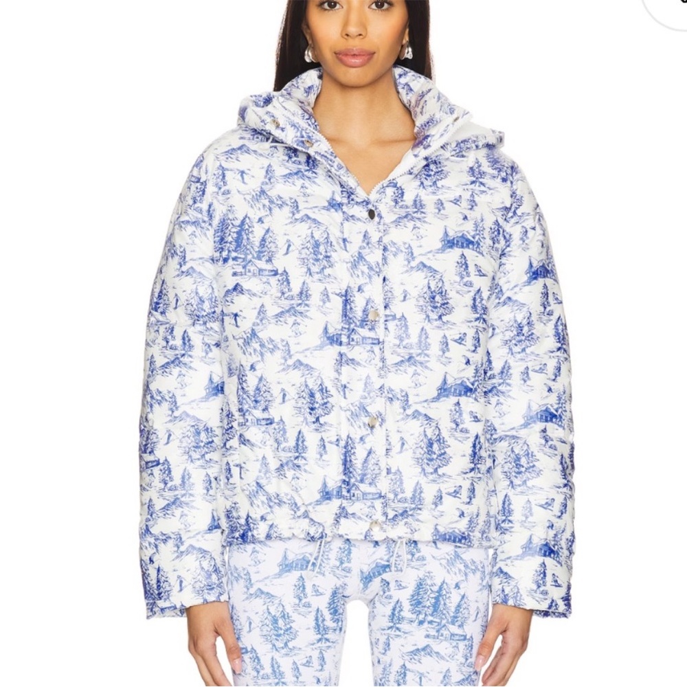 Beach Riot Alpine Toile Puffer Jacket Blue & White Scenic Print Size M Ski